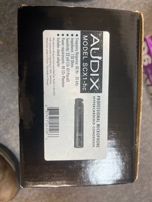 A box labeled "Audix SCX1-hc Professional Hypercardioid Condenser Microphone (Preowned)" displays specs and an image of the Audix SCX1-hc, a hypercardioid condenser mic by Audix ideal for studio use.