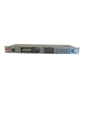 A front view of the dbx DriveRack PA Complete Loudspeaker Management System by dbx, showing buttons, display screen, XLR input, control knobs, and labeled LED indicators—ideal for audio signal processing and loudspeaker management.
