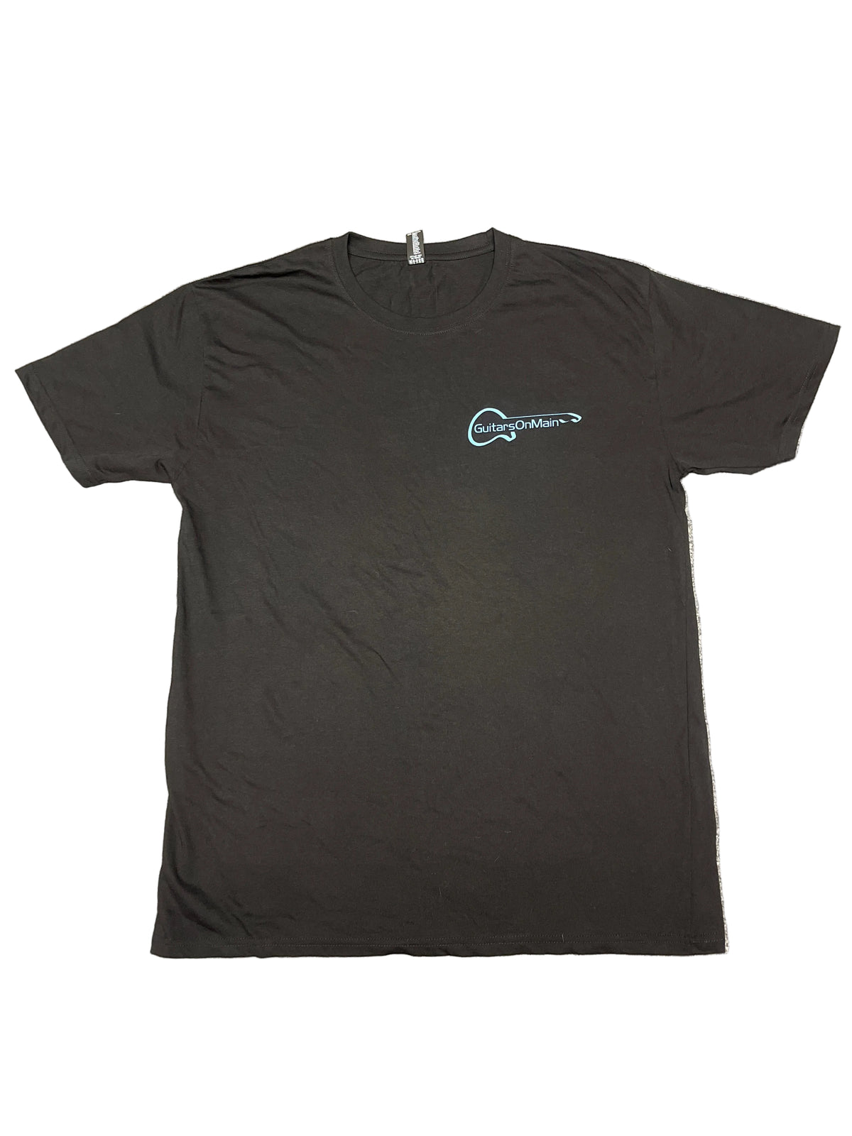 Guitars on Main black t-shirt, front view showing logo on chest