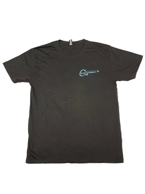 Guitars on Main black t-shirt, front view showing logo on chest