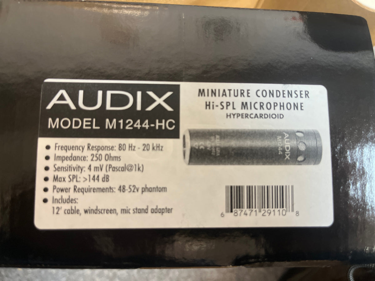 Box label for Audix M1244-HC Miniature Condenser Hi-SPL Hypercardioid Microphone (Preowned) featuring technical specifications, hypercardioid pattern, and barcode.