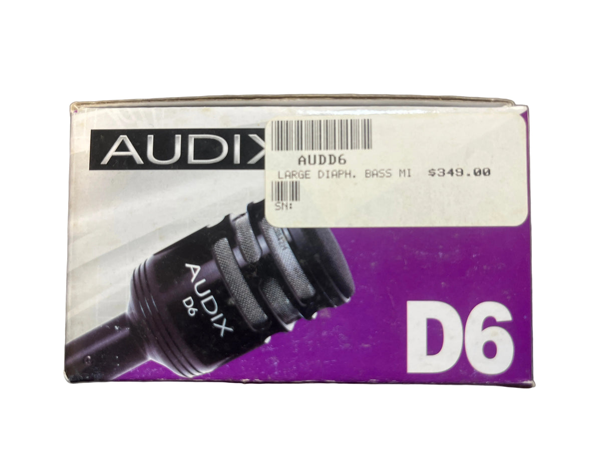 A box labeled "Audix D6 Large Diaphragm Dynamic Kick Drum Microphone (Preowned)" from Audix shows an image of a dynamic mic and a price tag—great for kick drum or bass amp tones.