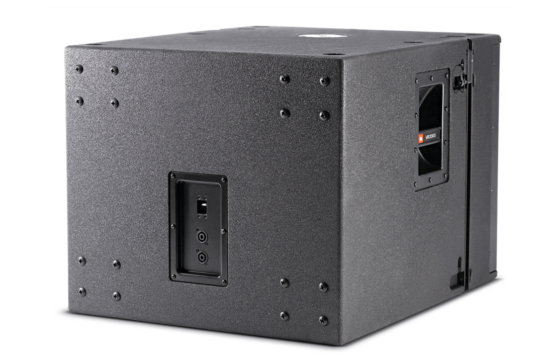 The JBL Professional VRX918S Loudspeaker System is a black pro audio subwoofer with high-output performance, input ports, textured finish, side carry handles, and visible mounting points—ideal for live sound reinforcement.