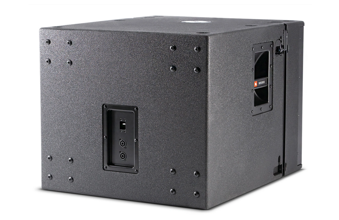 The JBL Professional VRX918S Loudspeaker System is a black pro audio subwoofer with high-output performance, input ports, textured finish, side carry handles, and visible mounting points—ideal for live sound reinforcement.