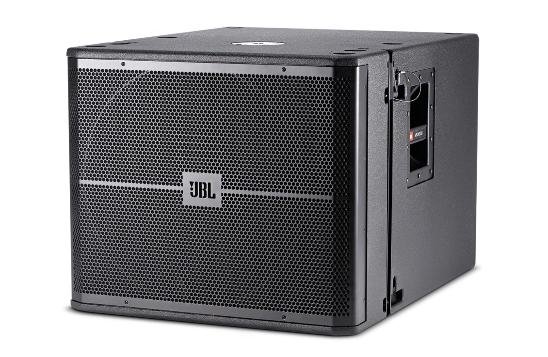 The JBL Professional VRX918S Loudspeaker System is a black subwoofer with a metal grille, side handles, and the JBL logo on the front, designed for powerful live sound reinforcement.