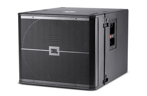 The JBL Professional VRX918S Loudspeaker System is a black subwoofer with a metal grille, side handles, and the JBL logo on the front, designed for powerful live sound reinforcement.
