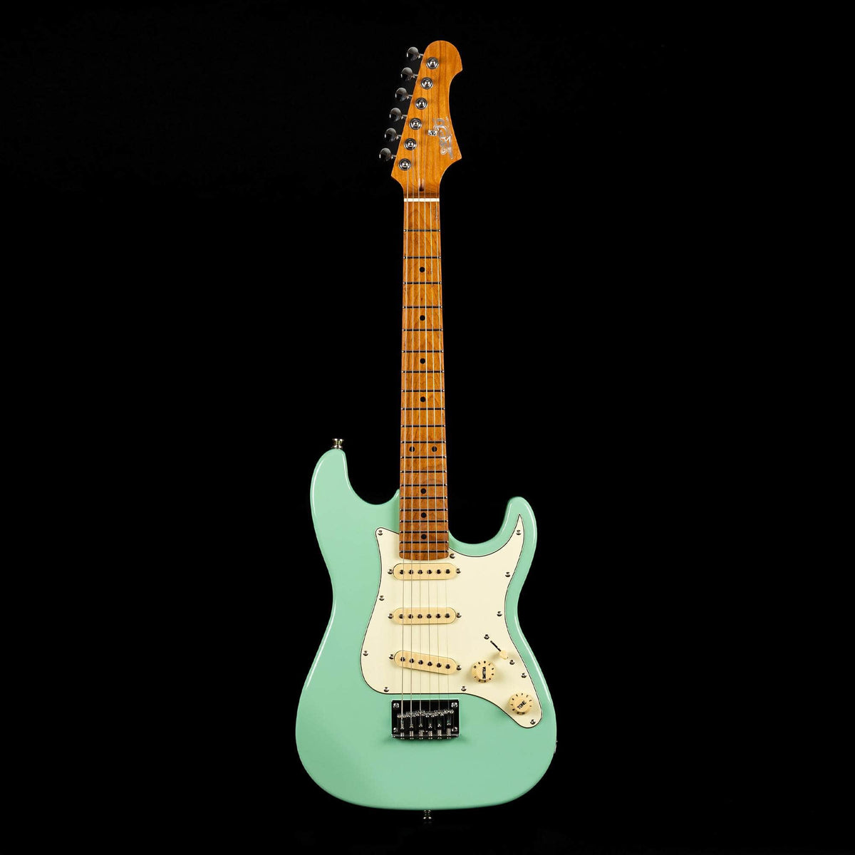 A light green Jet JET JS-300 Strat Style electric guitar with a roasted maple neck, white pickguard, and three SSS ceramic pickups, photographed against a black background.