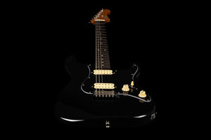 A Jet JS-400 BKR H electric guitar by Jet, featuring a black finish, cream-colored knobs, and dual ceramic HH pickups, is displayed against a black background, delivering modern playability for today’s musicians.
