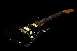 The Jet JS-400 BKR H electric guitar by Jet is shown on a black background, featuring a black finish, wooden neck, cream-colored pickups and control knobs. This model is equipped with dual ceramic HH pickups for crisp tone and modern playability.