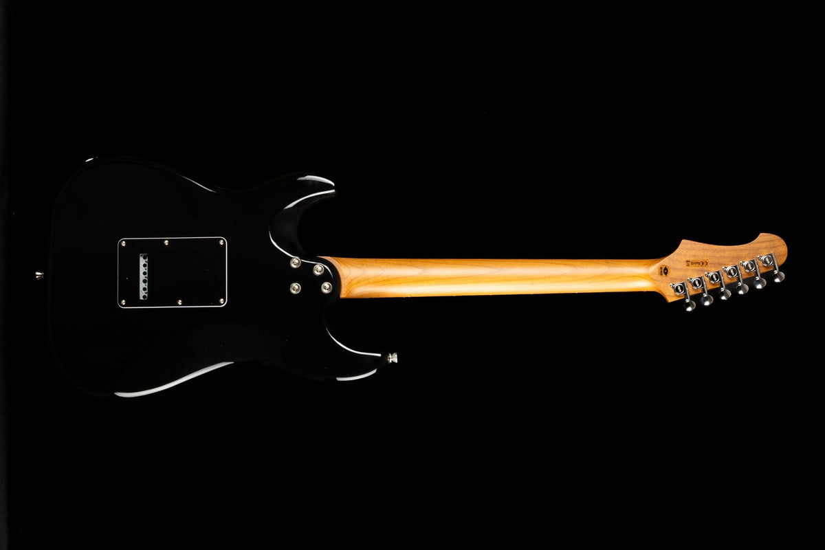 The Jet JS-400 BKR H electric guitar by Jet features a sleek black body and a light wood neck, displayed from the back against a black background. This model offers modern playability and is fitted with dual ceramic HH pickups for versatile, powerful tones.