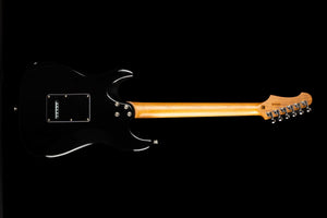 The Jet JS-400 BKR H electric guitar by Jet features a sleek black body and a light wood neck, displayed from the back against a black background. This model offers modern playability and is fitted with dual ceramic HH pickups for versatile, powerful tones.