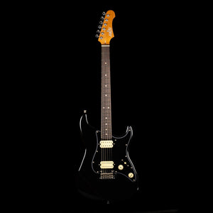 A Jet JS-400 BKR H electric guitar by Jet is displayed upright against a black background. This black guitar features a wooden headstock, six tuning pegs, two control knobs, and a double-cutaway body. Designed for modern playability, it is equipped with dual ceramic HH pickups that deliver enhanced tone and versatility.