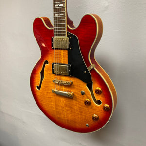 Johnson JH-250-C Semi Hollow Cherry Burst electric guitar, showcasing detailed strings and body close-ups, ideal for passionate guitarists seeking quality instruments.