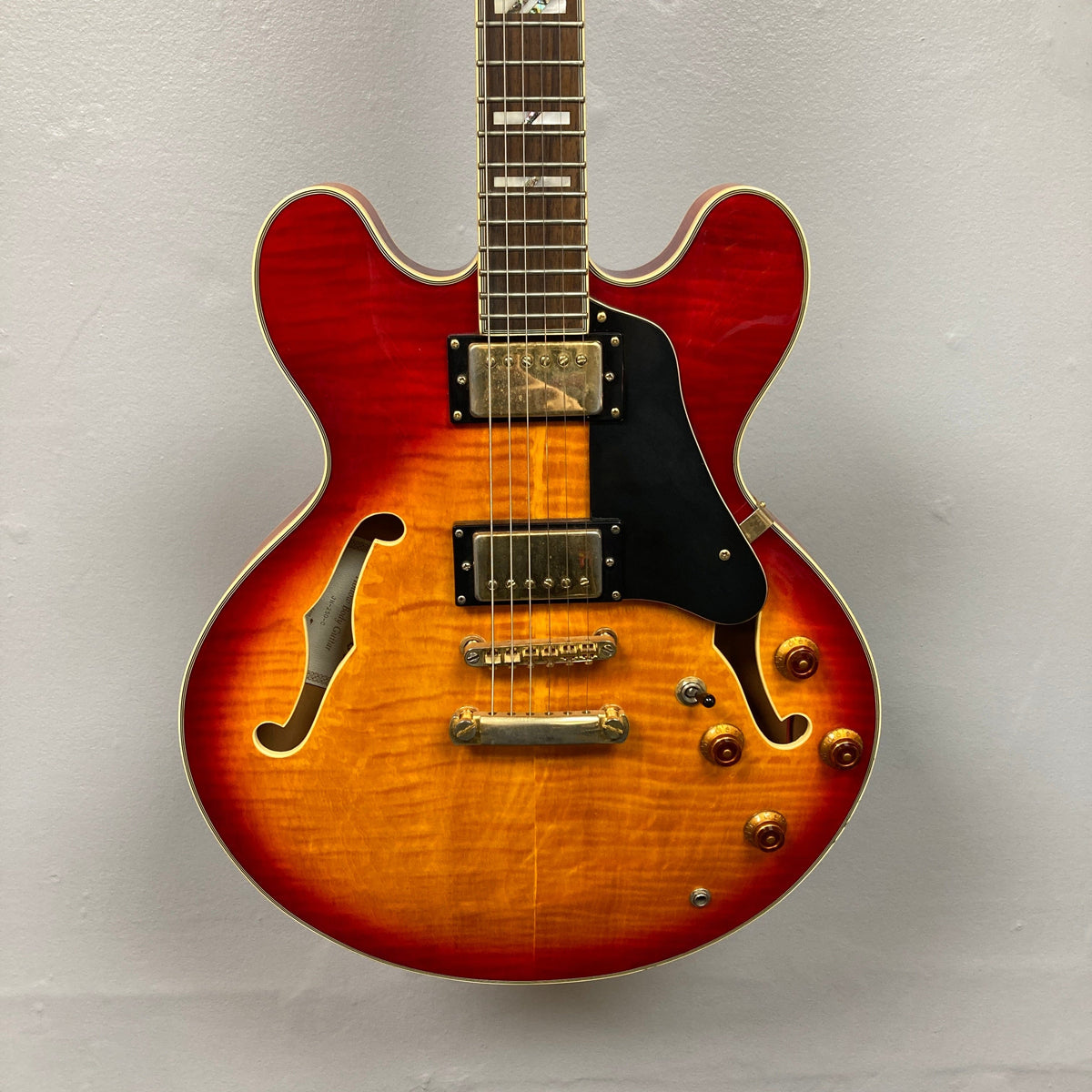 Johnson JH-250-C Semi Hollow Cherry Burst guitar, highlighting strings and body details, suitable for music enthusiasts and performers.