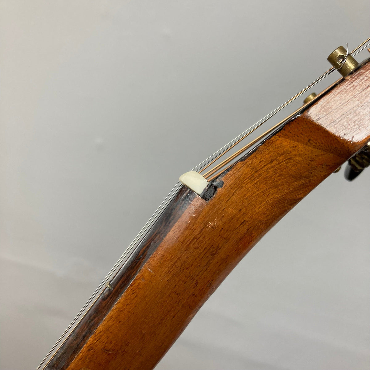 Close-up of the Kalamazoo KG-14 1930s - 1940s Sunburst guitar neck, showcasing the restored craftsmanship and vintage charm.