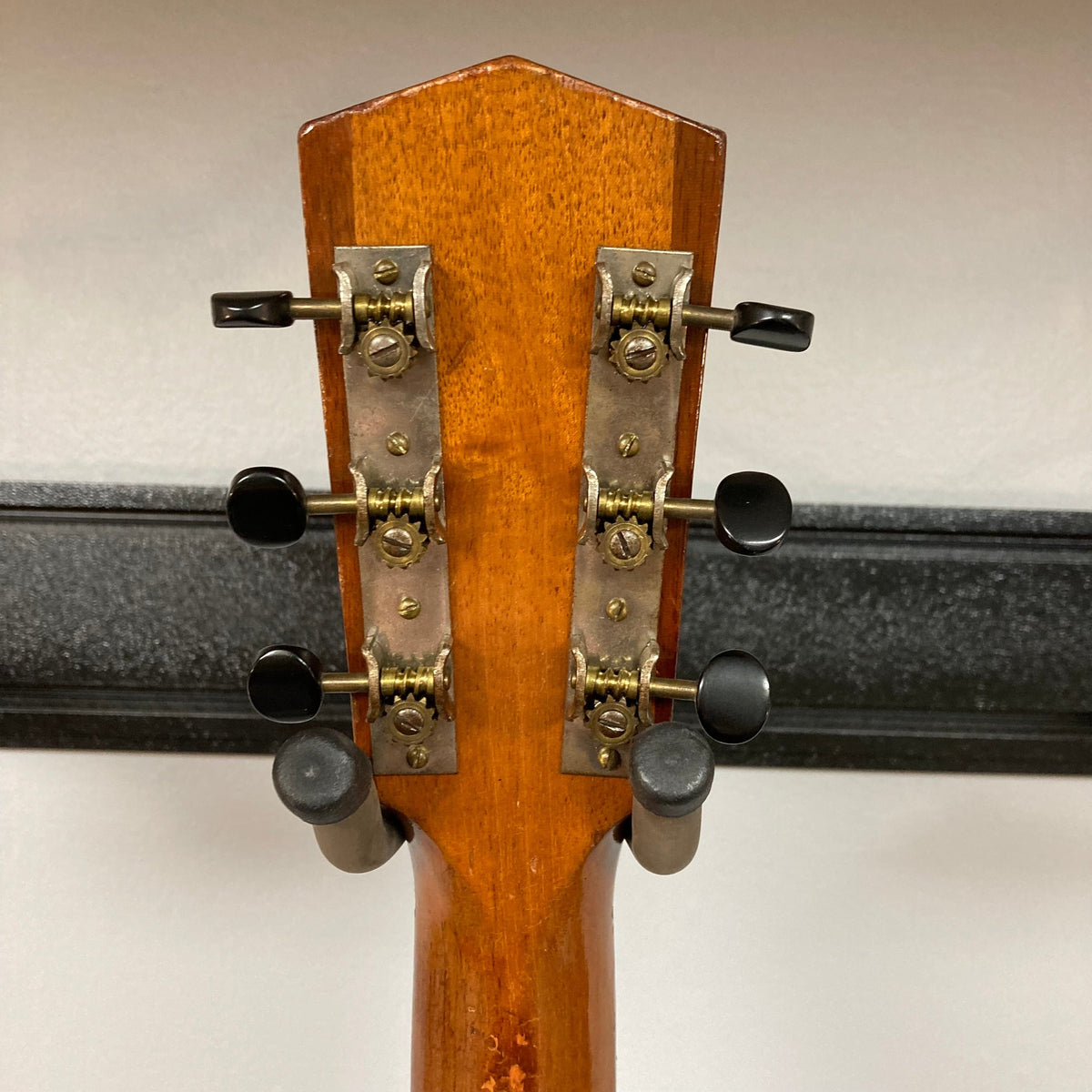 Kalamazoo KG-14 Sunburst guitar back view, showcasing restored neck joint, re-glued bridge, new saddle, and vintage sunburst finish.