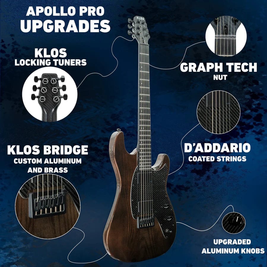 KLOS Apollo Pro Electric Guitar Dark Brown with carbon fiber neck and Ash body, displayed as a detailed poster.