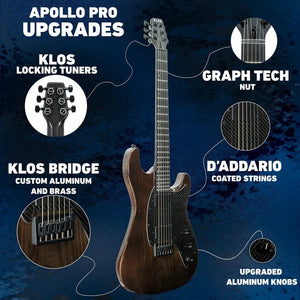 KLOS Apollo Pro Electric Guitar Dark Brown with carbon fiber neck and Ash body, displayed as a detailed poster.