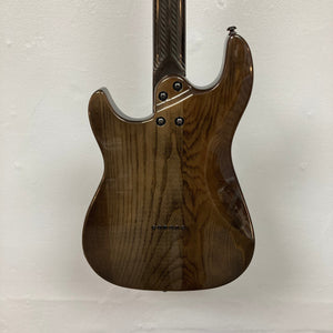 Close-up of KLOS Apollo Pro Electric Guitar Dark Brown, highlighting its carbon fiber neck, ash body, and custom humbucker pickups.