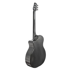 A rear view of the Klos Full Carbon Grand Cutaway Mini DAE w/Fishman Presys VT guitar, featuring a glossy, textured carbon fiber finish on the back, sides, and neck.