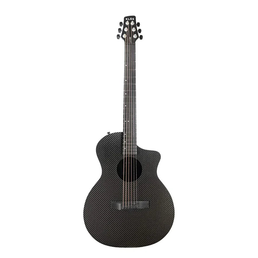 A full view of the Klos KLOS Full Carbon Grand Cutaway Mini DAE w/Fishman Presys VT, a black six-string travel acoustic guitar with a cutaway body, shown against a white background.