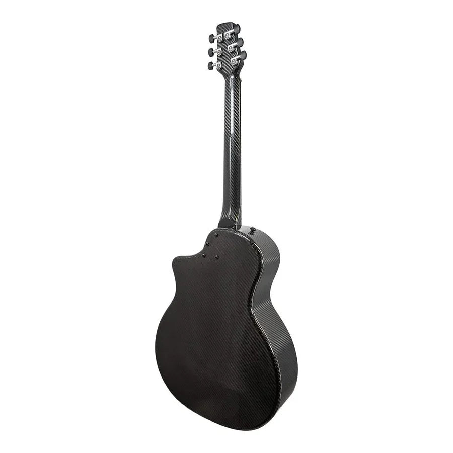 The Klos Full Carbon Grand Cutaway Mini DAE w/Fishman Presys VT travel guitar by Klos is shown from the back, highlighting its smooth, glossy finish and distinctive carbon fiber texture.