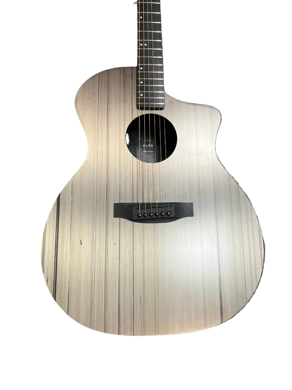 The Klos Grand Cutaway AE w/Fishman is a steel-string acoustic guitar with a light gray wood finish, black vertical grain, and shown from neck to body. Features a premium Fishman pickup system for versatile amplified tone.
