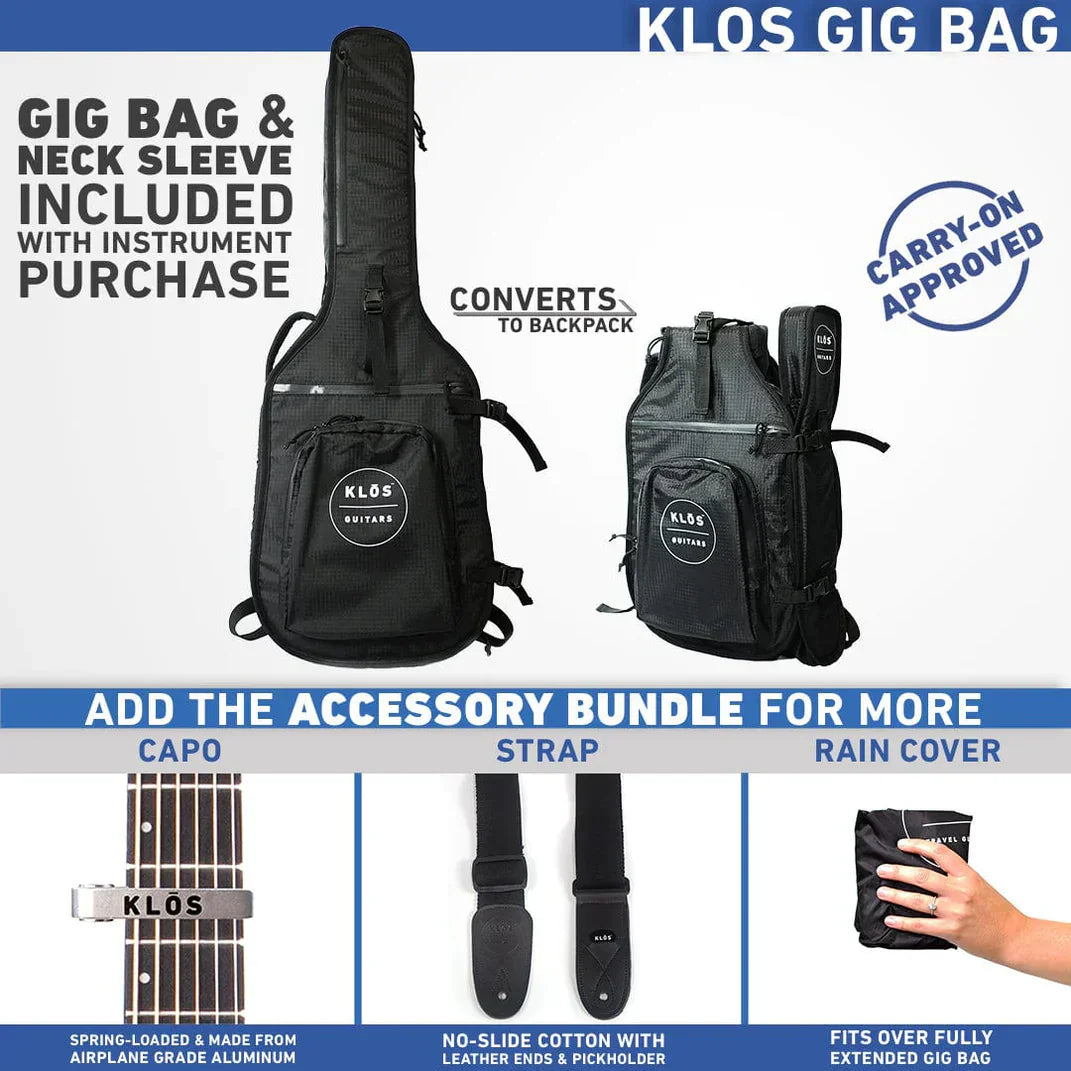 A black Klos gig bag for the Grand Cutaway Carbon Timber w/K&K PUP features neck sleeve, zippers, and backpack straps. Bundle includes capo, strap, rain cover. Text notes carry-on approval and easy backpack conversion.