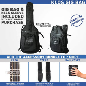 A black Klos gig bag for the Grand Cutaway Carbon Timber w/K&K PUP features neck sleeve, zippers, and backpack straps. Bundle includes capo, strap, rain cover. Text notes carry-on approval and easy backpack conversion.