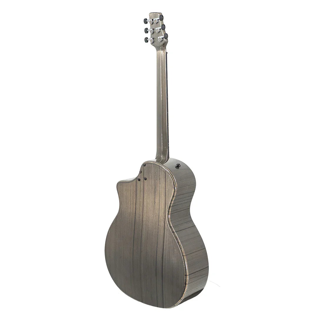 A rear view of the Klos Grand Cutaway Carbon Timber w/K&K PUP shows its back, sides, neck, and tuning pegs. The Grand Auditorium body with cutaway allows easy upper fret access and delivers resonant sound.