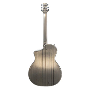 The image displays the back of the Klos Grand Cutaway Carbon Timber w/K&K PUP acoustic guitar, highlighting its cutaway design, wood grain finish, and six tuning pegs on the headstock.