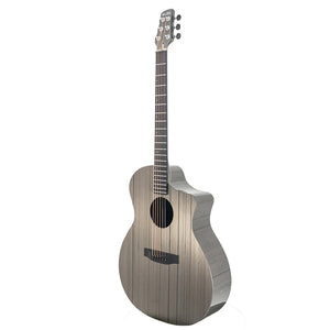 The Klos Grand Cutaway Carbon Timber w/K&K PUP is a modern six-string acoustic guitar with a metallic gray body, vertical lines, black bridge and fretboard, and cutaway design for easy access—delivering resonant sound.