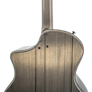 Close-up of the Klos Grand Cutaway Carbon Timber w/K&K PUP guitar’s metallic back and neck, highlighting the wood grain, cutaway design, and three screws near the neck joint for resonant sound.