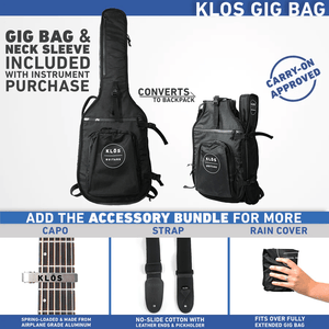 KLOS Grand Cutaway Acoustic Guitar with black gig bag, featuring straps and a detachable neck for easy transport.