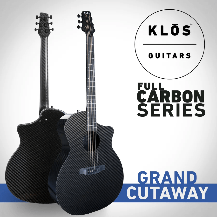 KLOS Grand Cutaway Acoustic Guitar w/Fishman Sonitone Piezo, featuring carbon fiber body and strings, designed for durability and rich sound.