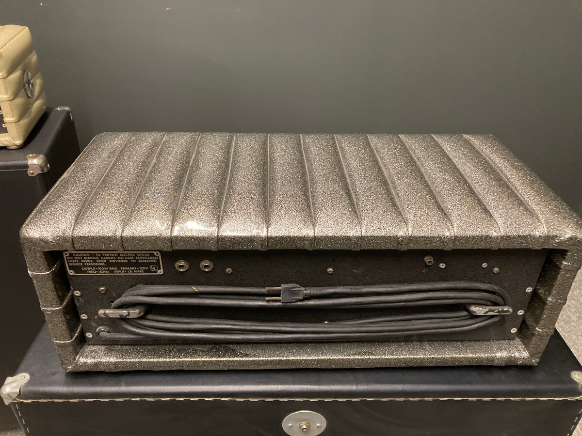 Kustom 200 1970&#39;s Champagne Silver Sparkle Tuck And Roll Tolex Amp Head with visible black wires and buttons.