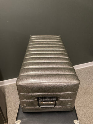 Kustom 200 1970's Champagne Silver Sparkle Tuck And Roll Tolex Amp Head with a shiny silver surface and black handle.