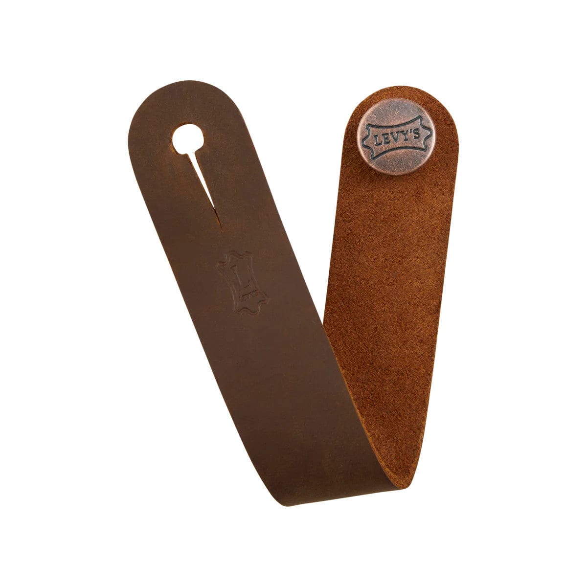 Levy&#39;s Leathers Headstock Strap Adapter, featuring a brown leather strap with a metal button for secure attachment.