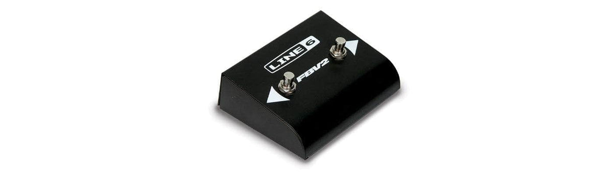 The Line 6 FBV2 Foot Controller features two metal buttons labeled &quot;A&quot; and &quot;B,&quot; with white arrows on the sloped front panel for easy preset switching. This compact black controller is made by Line 6.