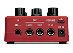 The Line 6 POD Express | Guitar is a compact black effects processor with four control knobs—Drive, Boost, Delay, and Reverb—a selector switch, two red footswitches, and Line 6 branding, ideal as a portable guitar amp.