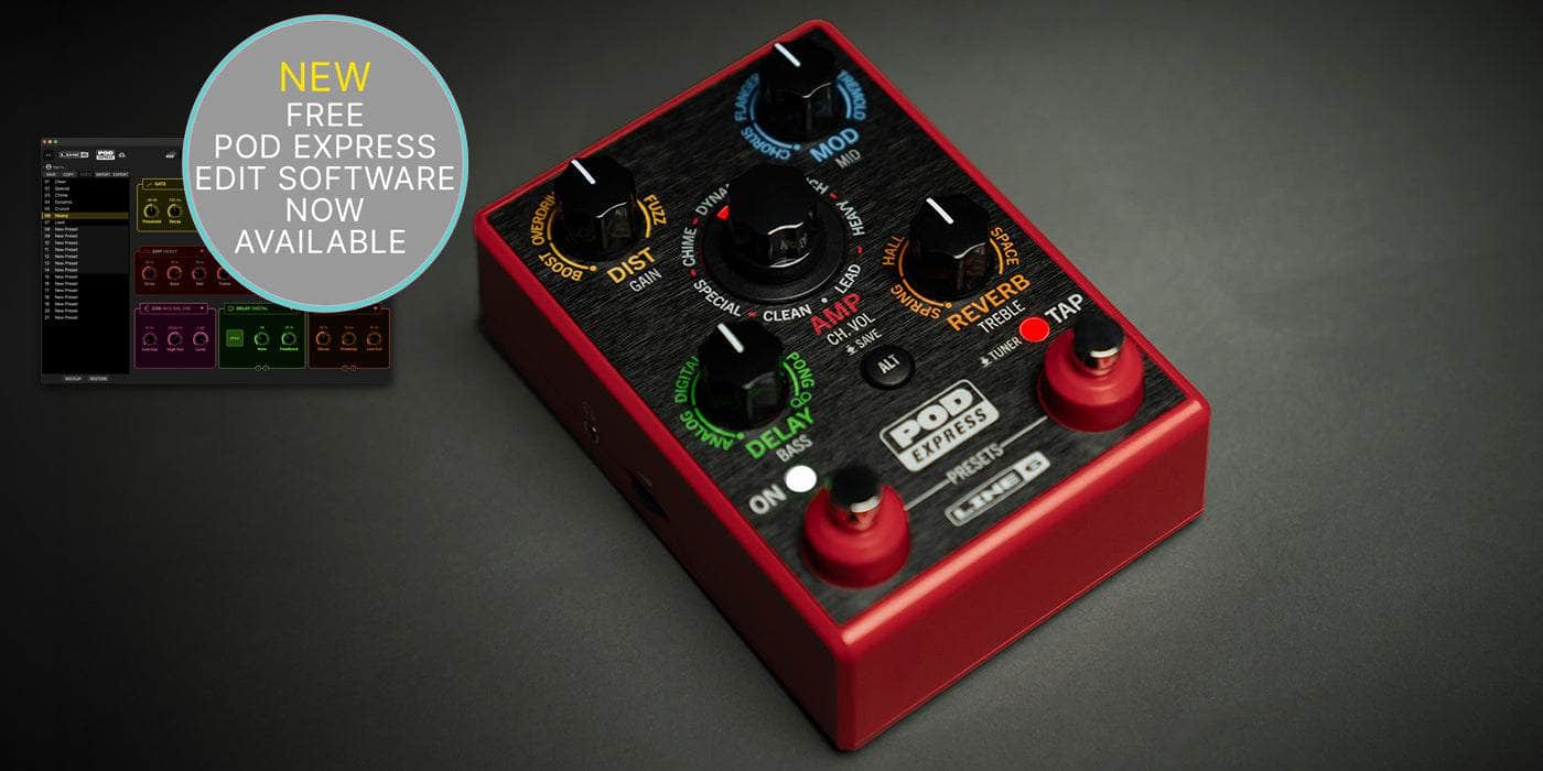 The Line 6 POD Express | Guitar effects processor is displayed on a dark surface, with a circular overlay stating "NEW FREE POD EXPRESS EDIT SOFTWARE NOW AVAILABLE" and a small screenshot of the software in the upper left.