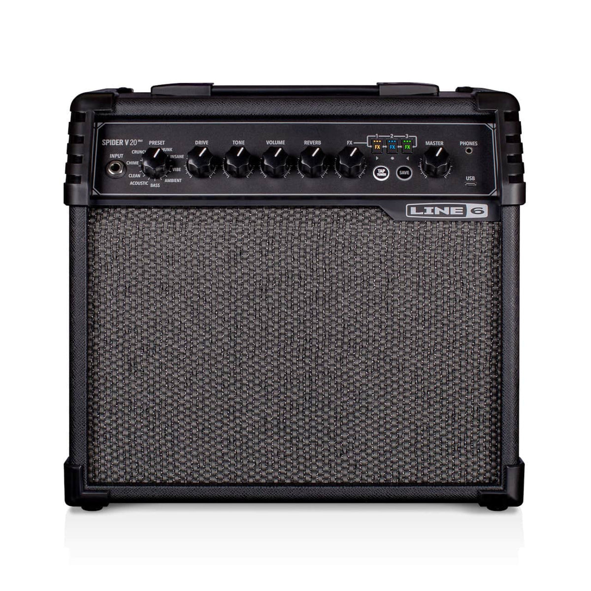 A small black Line 6 Spider V 20 MkII 20w Combo Guitar Amp with a front-facing control panel featuring knobs for presets, tone, and volume, and a fabric speaker grille.