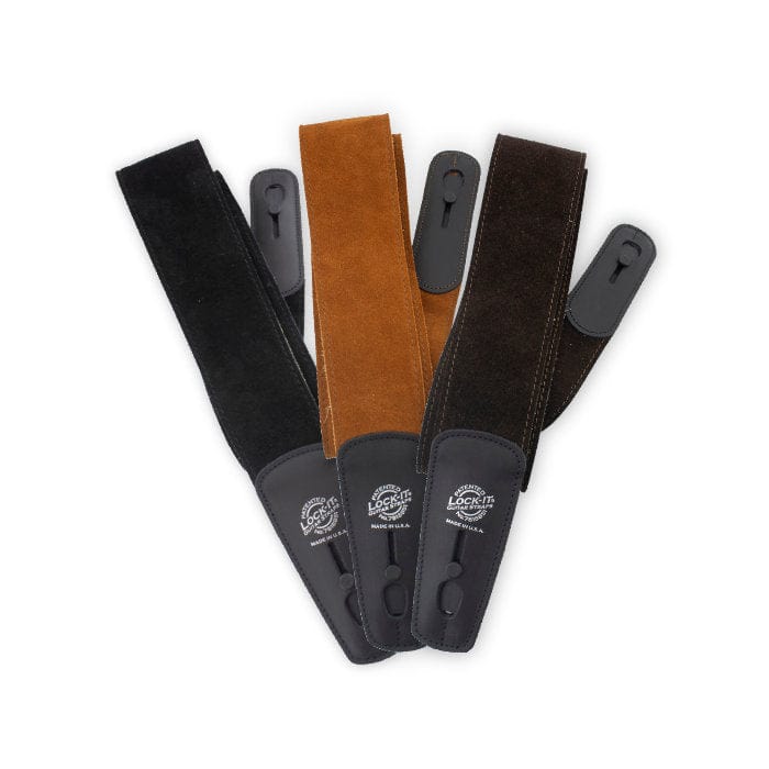 Lock-it Straps 2.75 Wide Suede Series Guitar Strap with brown leather and black accents, ideal for secure and comfortable guitar handling.