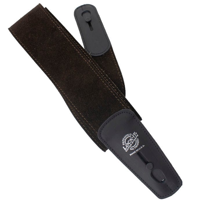 Lock-it Straps 2.75 Wide Suede Series Guitar Strap with brown leather and black accents, ideal for secure and comfortable guitar handling.