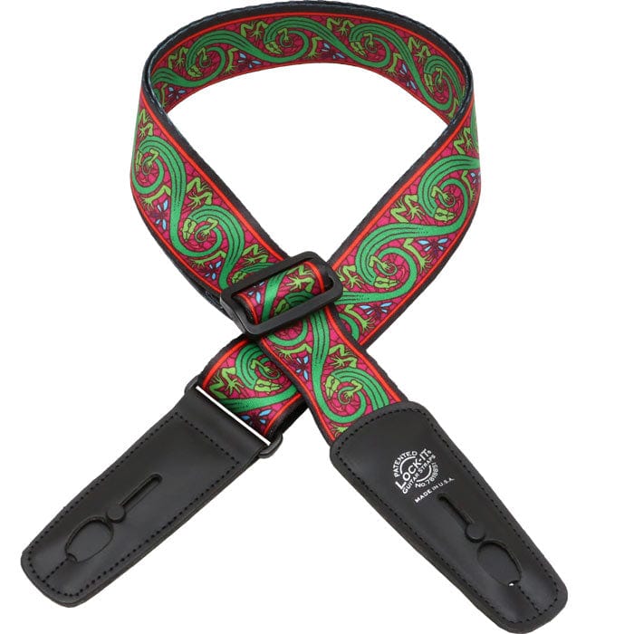 Close-up of Lock-It Straps artist series by Bob Masse, showcasing the unique locking mechanism designed for secure guitar performance.