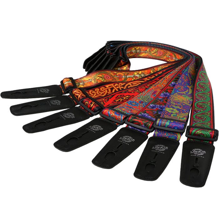 Lock-It Straps artist series by Bob Masse, showcasing a variety of detailed, colorful guitar straps, ideal for enhancing your guitar&#39;s aesthetic.