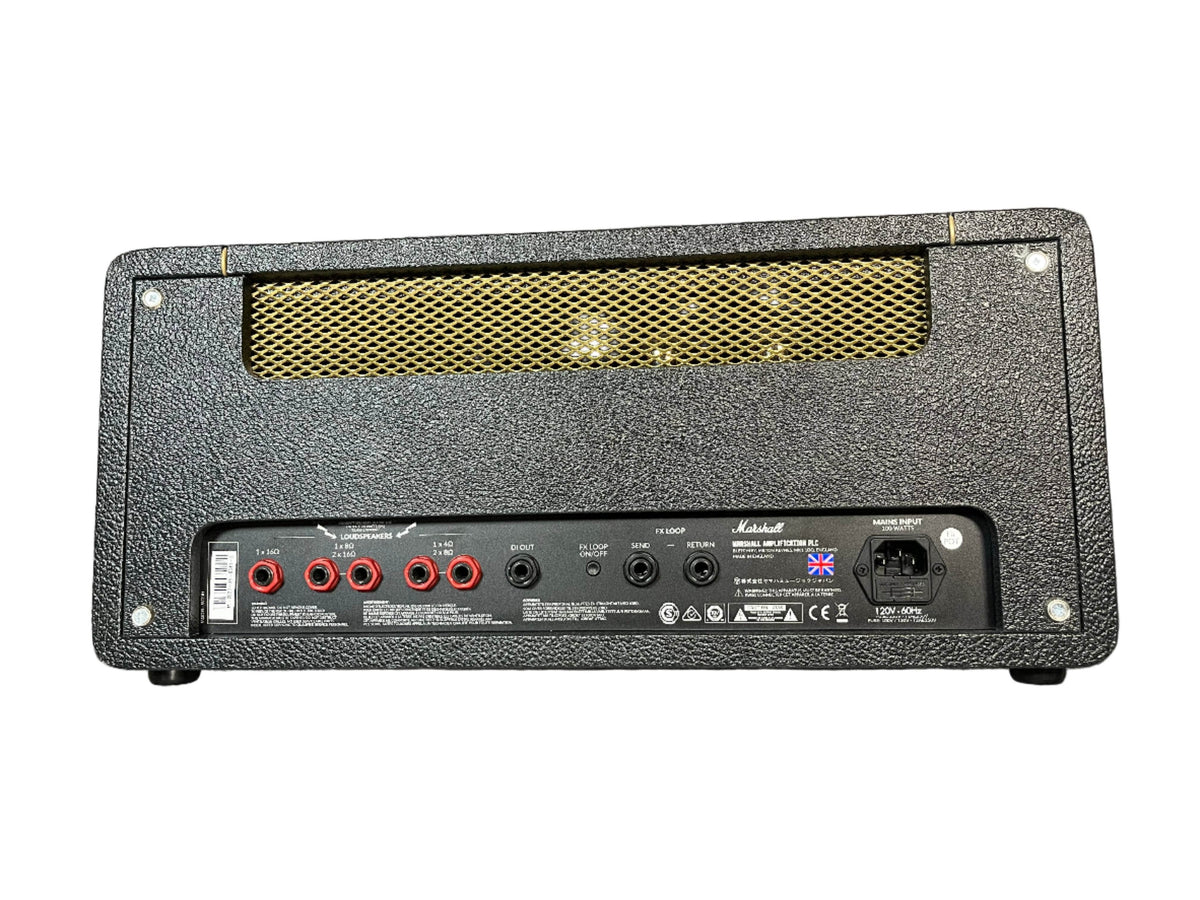 The rear view of the Marshall Studio Vintage SV20H MKII 20/5-Watt Tube Head showcases input/output jacks, control labels, a power switch, fuse slot, and gold mesh ventilation grille—delivering classic Marshall Plexi tone.