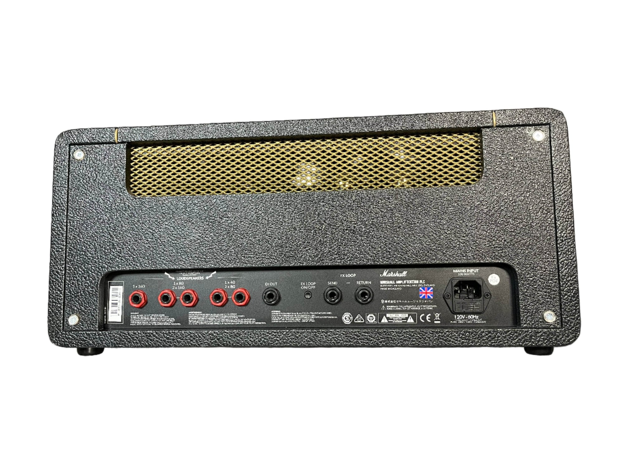 The Marshall Studio Vintage SV20H MKII 20/5-Watt Tube Head features classic Plexi tone, front-panel control knobs, switches, a red power light, input jacks, and the iconic Marshall logo on its stylish black and gold design.