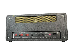The rear view of the Marshall Studio Vintage SV20H MKII 20/5-Watt Tube Head showcases input/output jacks, control labels, a power switch, fuse slot, and gold mesh ventilation grille—delivering classic Marshall Plexi tone.