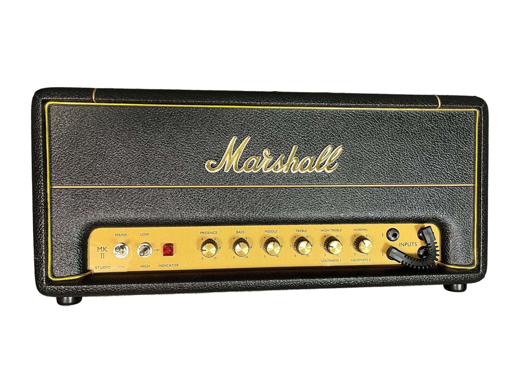 The Marshall Studio Vintage SV20H MKII 20/5-Watt Tube Head features classic Plexi tone, front-panel control knobs, switches, a red power light, input jacks, and the iconic Marshall logo on its stylish black and gold design.